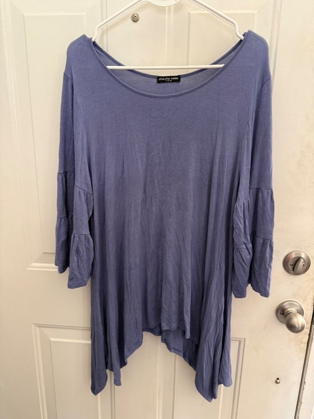 Cha Cha Verte Light Blue Tunic with bell sleeves and shark-bite hem